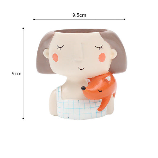 Cartoon Wreath Girl Resin Succulent Flower Pot Desktop Decoration Potted Plant