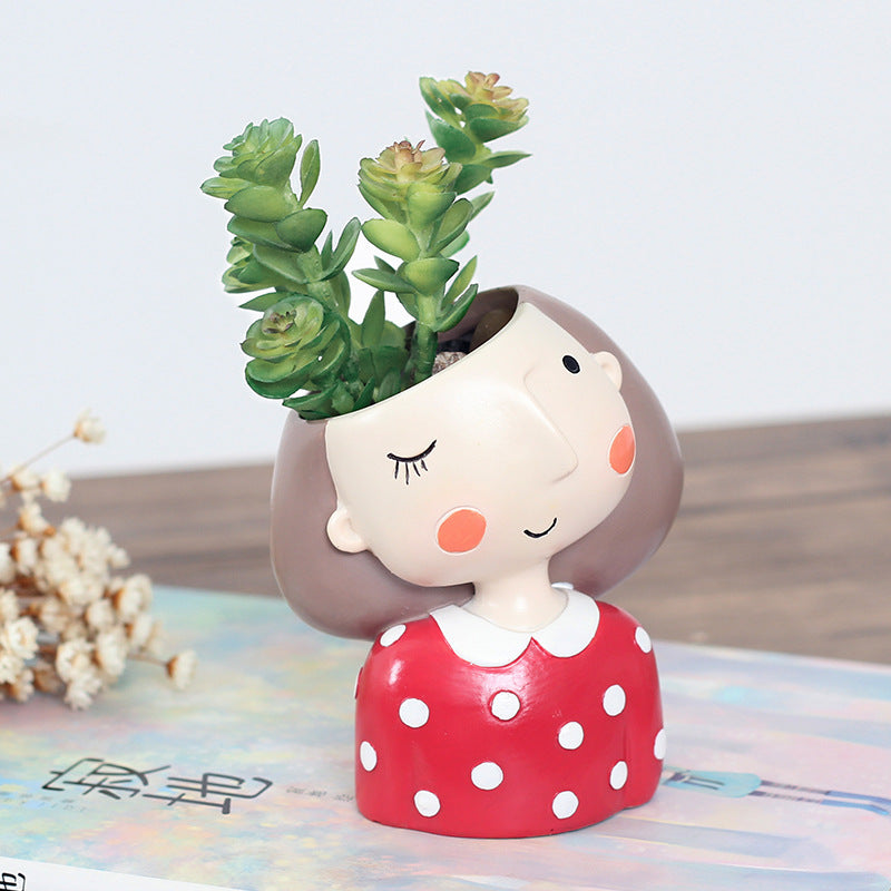 Cartoon Wreath Girl Resin Succulent Flower Pot Desktop Decoration Potted Plant