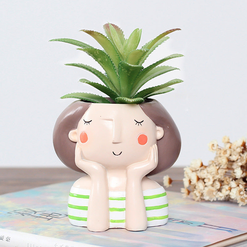 Cartoon Wreath Girl Resin Succulent Flower Pot Desktop Decoration Potted Plant