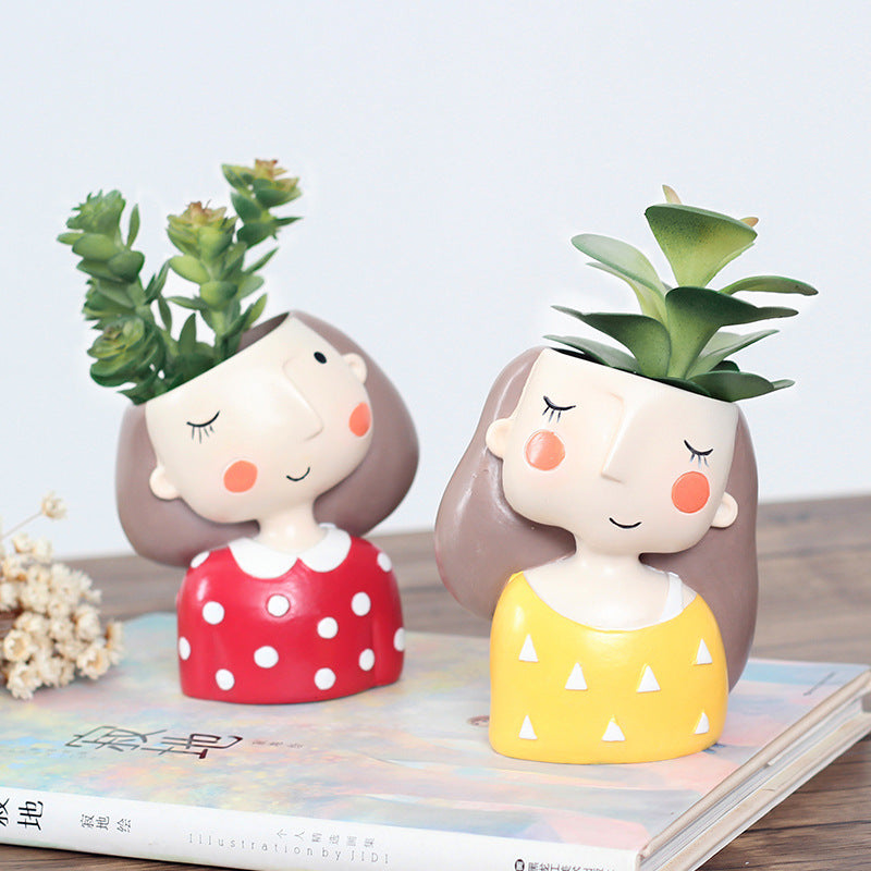 Cartoon Wreath Girl Resin Succulent Flower Pot Desktop Decoration Potted Plant