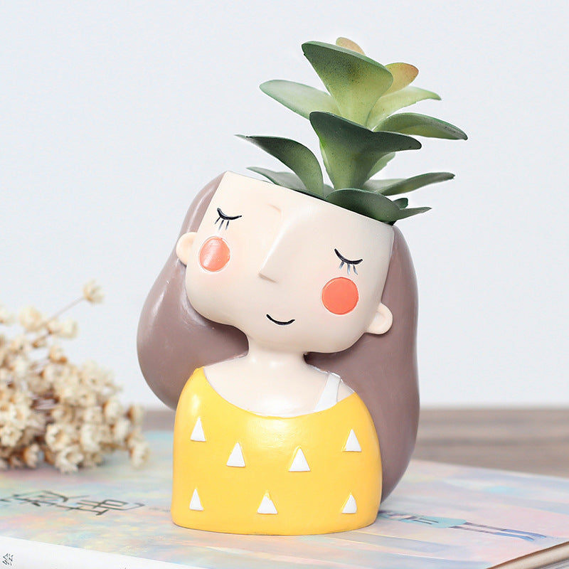 Cartoon Wreath Girl Resin Succulent Flower Pot Desktop Decoration Potted Plant